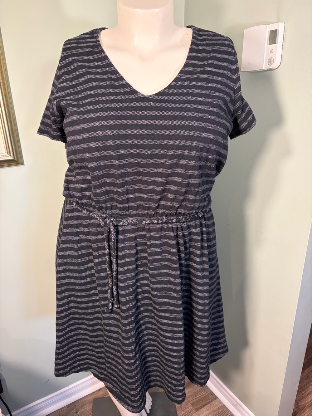 165. Old Navy Striped V-Neck Short Sleeve Dress in Charcoal and Black